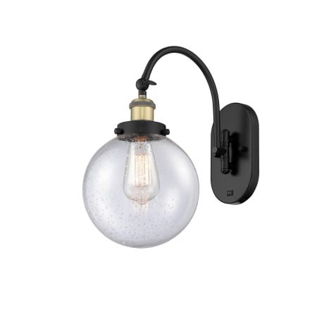 A large image of the Innovations Lighting 918-1W-15-8 Beacon Sconce Black Antique Brass / Seedy