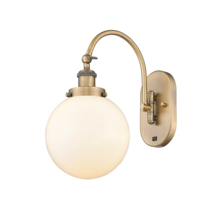 A large image of the Innovations Lighting 918-1W-15-8 Beacon Sconce Brushed Brass / Matte White