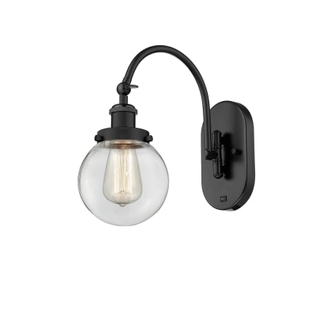 A large image of the Innovations Lighting 918-1W-13-6 Beacon Sconce Matte Black / Clear