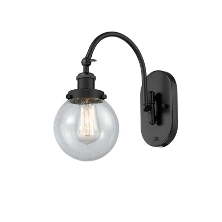 A large image of the Innovations Lighting 918-1W-13-6 Beacon Sconce Matte Black / Seedy