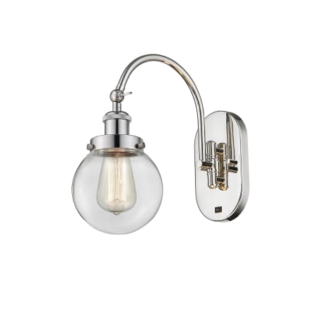 A large image of the Innovations Lighting 918-1W-13-6 Beacon Sconce Polished Nickel / Clear