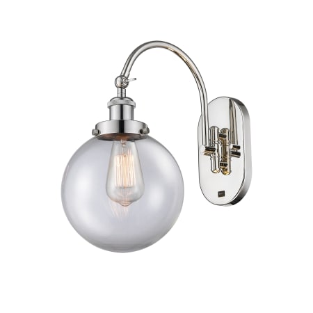 A large image of the Innovations Lighting 918-1W-15-8 Beacon Sconce Polished Nickel / Clear