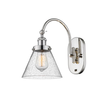 A large image of the Innovations Lighting 918-1W-13-8 Cone Sconce Polished Nickel / Seedy
