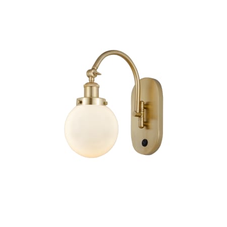 A large image of the Innovations Lighting 918-1W-13-6 Beacon Sconce Satin Gold / Matte White