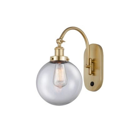 A large image of the Innovations Lighting 918-1W-15-8 Beacon Sconce Satin Gold / Clear