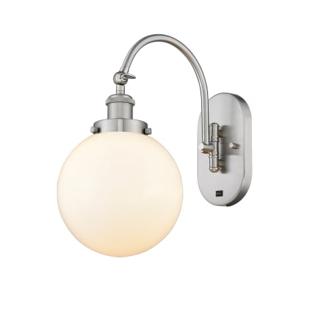 A large image of the Innovations Lighting 918-1W-15-8 Beacon Sconce Brushed Satin Nickel / Matte White