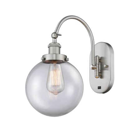 A large image of the Innovations Lighting 918-1W-15-8 Beacon Sconce Brushed Satin Nickel / Clear