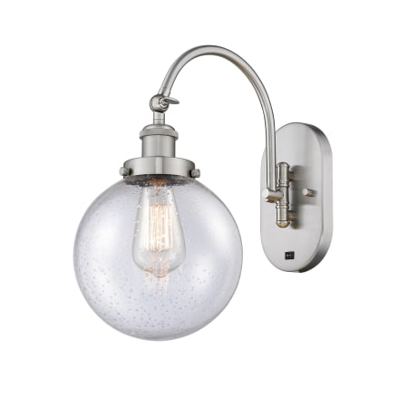 A large image of the Innovations Lighting 918-1W-15-8 Beacon Sconce Brushed Satin Nickel / Seedy