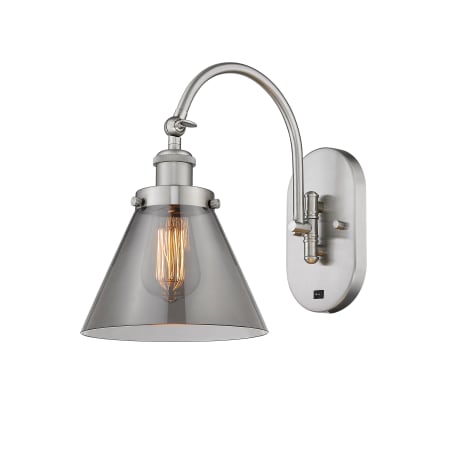 A large image of the Innovations Lighting 918-1W-13-8 Cone Sconce Brushed Satin Nickel / Plated Smoke