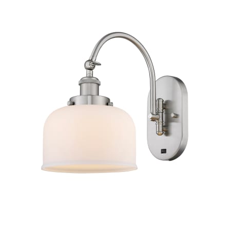 A large image of the Innovations Lighting 918-1W-13-8 Bell Sconce Brushed Satin Nickel / Matte White