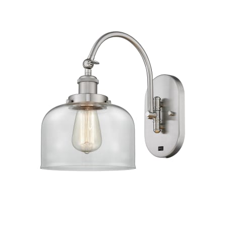 A large image of the Innovations Lighting 918-1W-13-8 Bell Sconce Brushed Satin Nickel / Clear