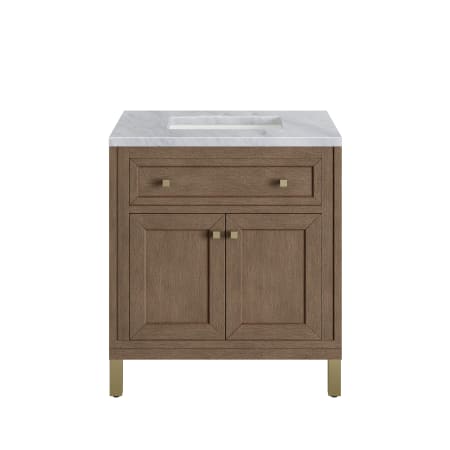 A large image of the James Martin Vanities 305-V30-3CAR-HW White Washed Walnut / Champagne Brass
