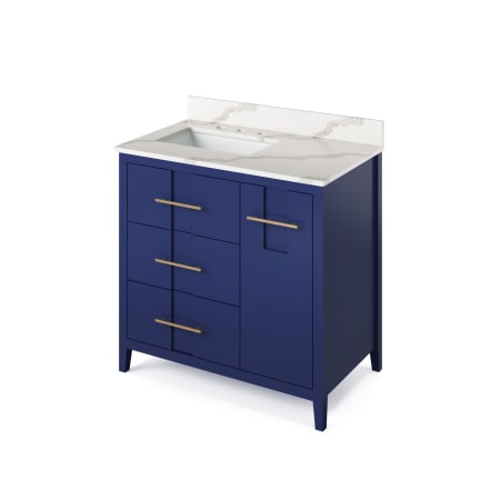 A large image of the Jeffrey Alexander VKITKAT36R-QUARTZ Hale Blue / Calacatta Vienna