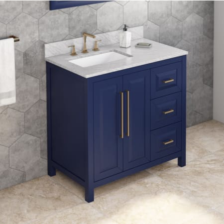 A large image of the Jeffrey Alexander VKITCAD36 Hale Blue / White Carrara Marble Top