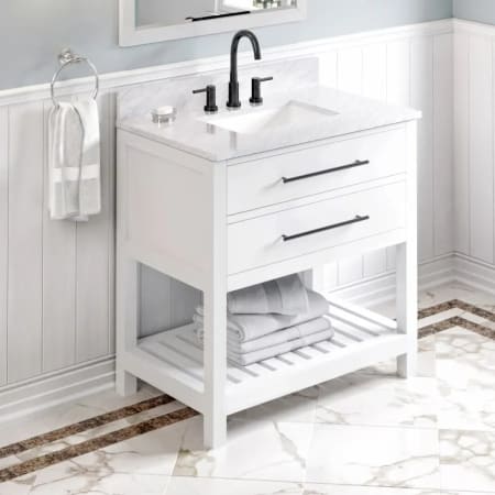 A large image of the Jeffrey Alexander VKITWAV36 White / White Carrara Marble Top