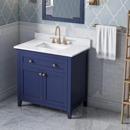 A large image of the Jeffrey Alexander VKITCHA36 Hale Blue / White Carrara Marble Top