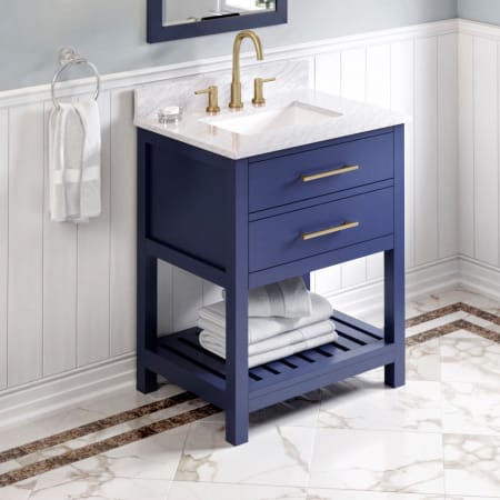 A large image of the Jeffrey Alexander VKITWAV30 Hale Blue / White Carrara Marble Top