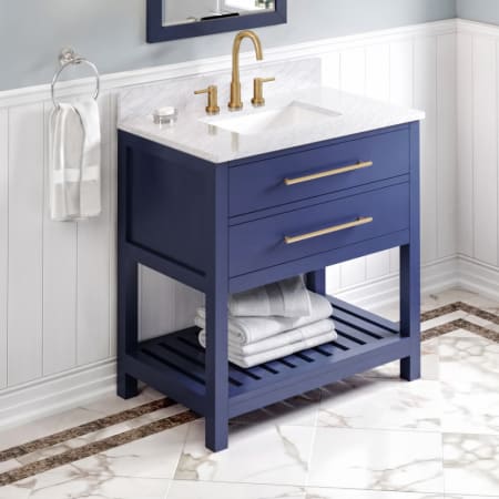A large image of the Jeffrey Alexander VKITWAV36 Hale Blue / White Carrara Marble Top