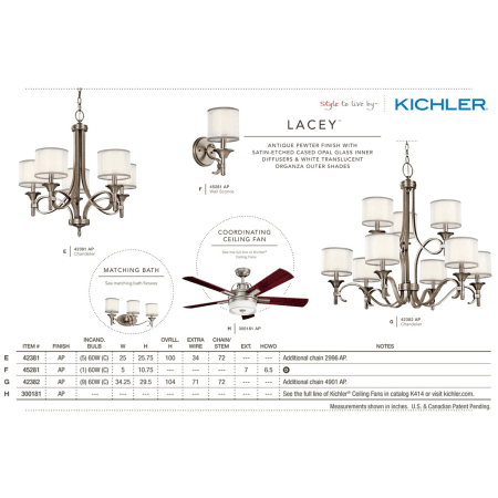 A large image of the Kichler 42383 The Kichler Lacey Collection in Antique Pewter from the Kichler Catalog.