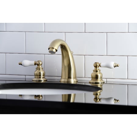 Kingston Brass KB982PL Victorian 8-Inch Widespread Lavatory Faucet with Retail Pop-Up Polished Brass 