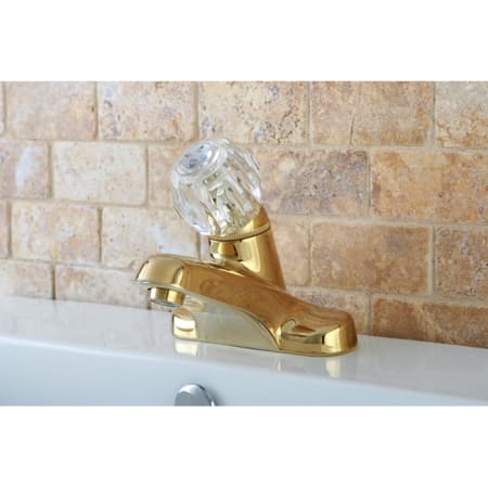 Polished Brass Kingston Brass KB522 Americana 4-Inch Centerset Single Acrylic Handle Lavatory Faucet with Plastic Pop-Up 