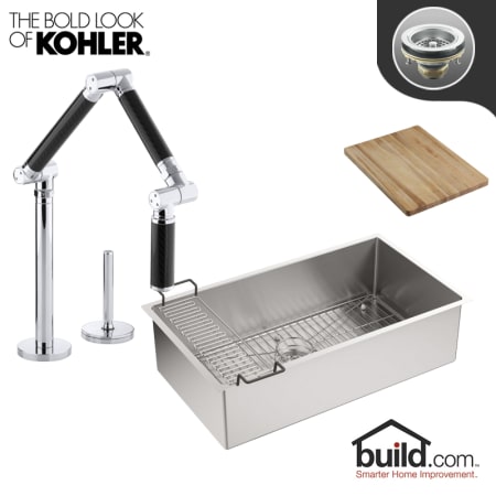 Kohler K 5285 K 6227 C12 Vs Vibrant Stainless And Black Faucet Strive Kitchen Kit With 32 Stainless Steel Single Basin Undermount Kitchen Sink And Kitchen Faucet Includes Basket Strainer And Cutting Board Faucetdirect Com