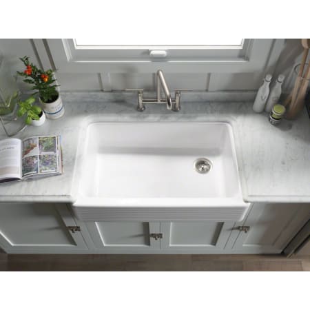 Kohler K-6351-0 White Whitehaven 36" Single Basin Farmhouse Cast Iron Kitchen Sink with Hayridge Kohler K-6351-0 White Whitehaven 36" Single Basin Farmhouse Cast Iron Kitchen Sink with Hayridge