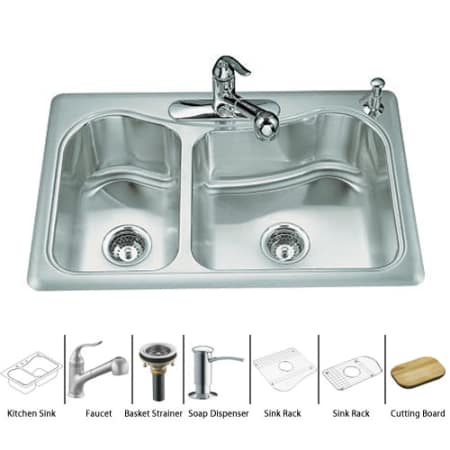 A large image of the Kohler Staccato-K-3361-4-Package Stainless Sink / Brushed Chrome Basket Strainer