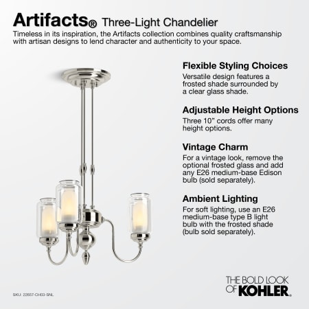 A large image of the Kohler Lighting 22657-CH03 Kohler Artifacts Three-Light Chandelier