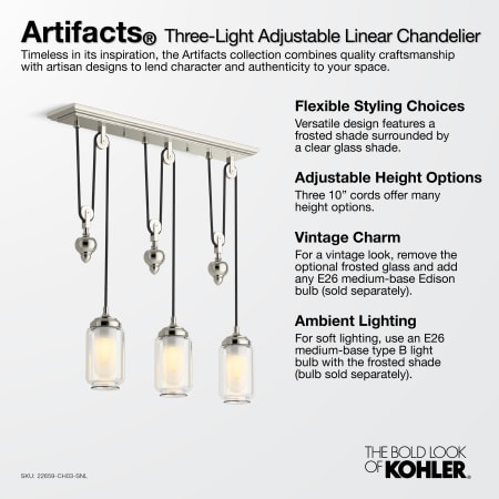 A large image of the Kohler Lighting 22659-CH03 Kohler Artifacts Three-Light Adjustable Linear Chandelier