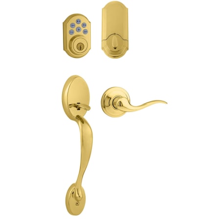 A large image of the Kwikset 815CEXTNL-LH-909 Lifetime Polished Brass