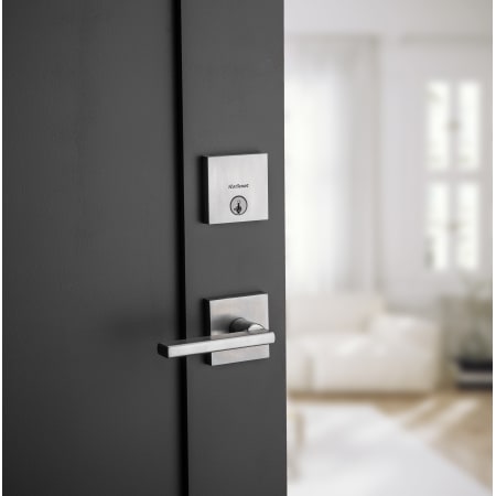 A large image of the Kwikset 154HFL Halifax Lever with Downtown Low Profile Deadbolt