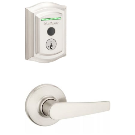 A large image of the Kwikset 420DL-959TRLFPRT-S Satin Nickel