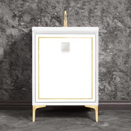 A large image of the Linkasink VAN24-023 White / Satin Brass with White Prism Glass