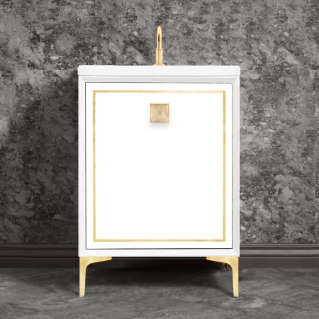 A large image of the Linkasink VAN24-023 White / Satin Brass with Eglomise Prism Glass