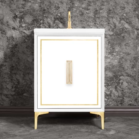 A large image of the Linkasink VAN24-024 White / Satin Brass with Eglomise Prism Glass