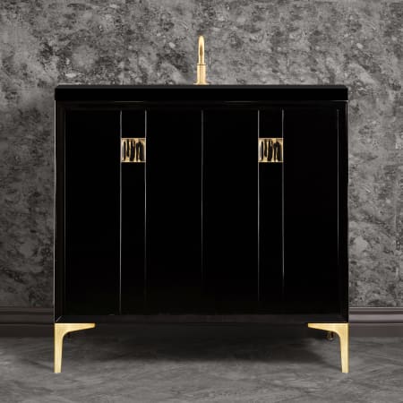 A large image of the Linkasink VAN36-019 Black / Satin Brass with Black Tiger Prism Glass