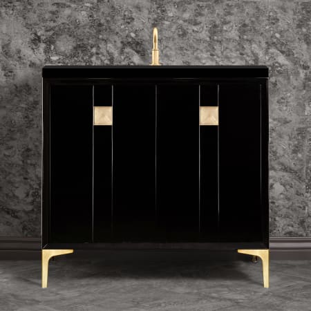 A large image of the Linkasink VAN36-019 Black / Satin Brass with Eglomise Prism Glass
