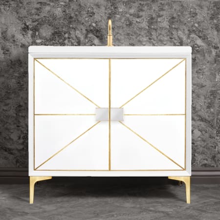 A large image of the Linkasink VAN36-014 White / Satin Brass with White Glass