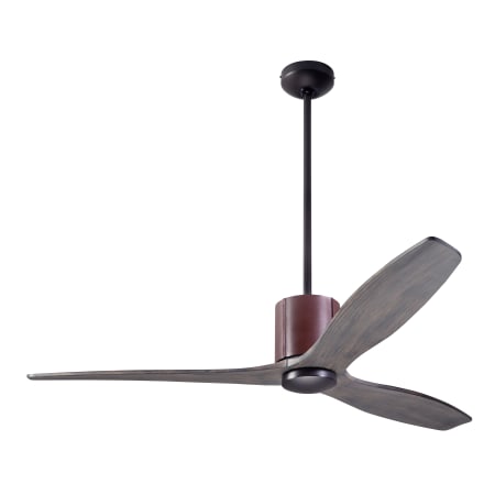 A large image of the Modern Fan Co. LeatherLuxe Dark Bronze finish and Chocolate Leather wrap with Greywash blades
