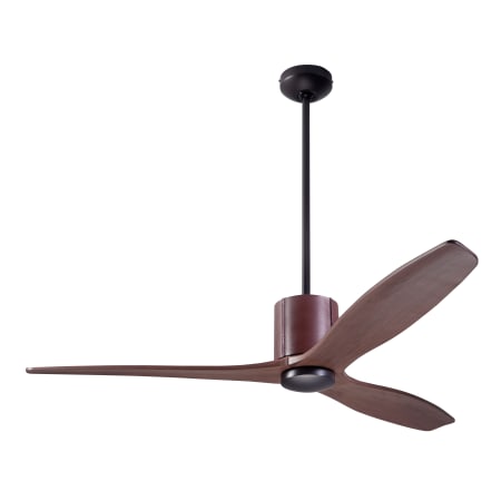 A large image of the Modern Fan Co. LeatherLuxe Dark Bronze finish and Chocolate Leather wrap with Mahogany blades