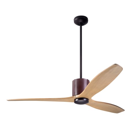 A large image of the Modern Fan Co. LeatherLuxe Dark Bronze finish and Chocolate Leather wrap with Maple blades