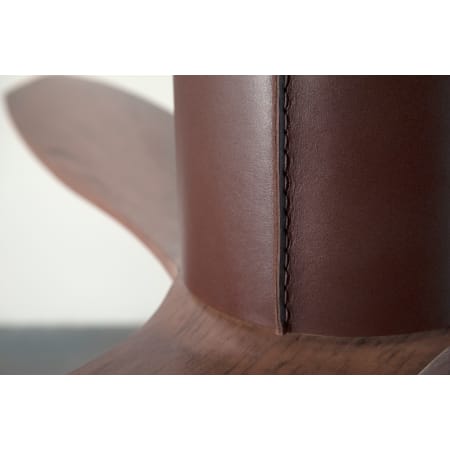 A large image of the Modern Fan Co. LeatherLuxe Dark Bronze and Chocolate Leather sleeve and Mahogany blades closeup