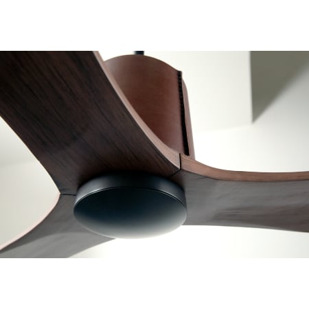 A large image of the Modern Fan Co. LeatherLuxe Dark Bronze and Chocolate Leather sleeve and Mahogany blades closeup 3