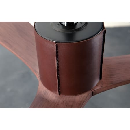 A large image of the Modern Fan Co. LeatherLuxe Dark Bronze and Chocolate Leather sleeve and Mahogany blades closeup 2
