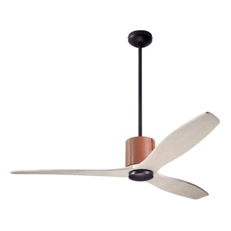 A large image of the Modern Fan Co. LeatherLuxe Dark Bronze finish and Tan Leather wrap with Whitewash blades