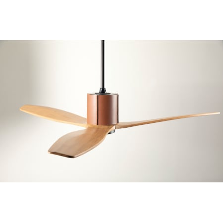 A large image of the Modern Fan Co. LeatherLuxe Dark Bronze and Tan Leather sleeve and Maple blades side