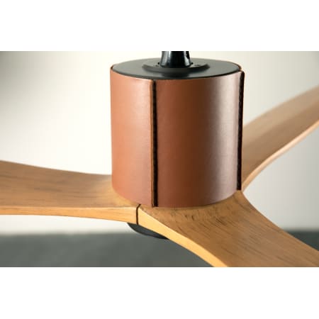 A large image of the Modern Fan Co. LeatherLuxe Dark Bronze finish and Tan Leather sleeve and Maple blades closeup 2