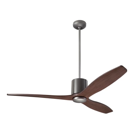 A large image of the Modern Fan Co. LeatherLuxe Graphite finish and Gray Leather wrap with Mahogany blades