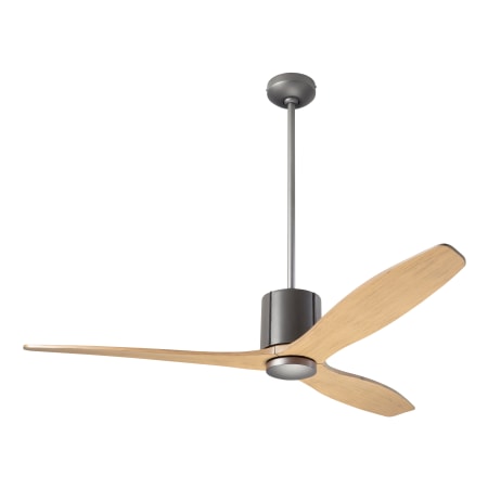 A large image of the Modern Fan Co. LeatherLuxe Graphite finish and Gray Leather wrap with Maple blades